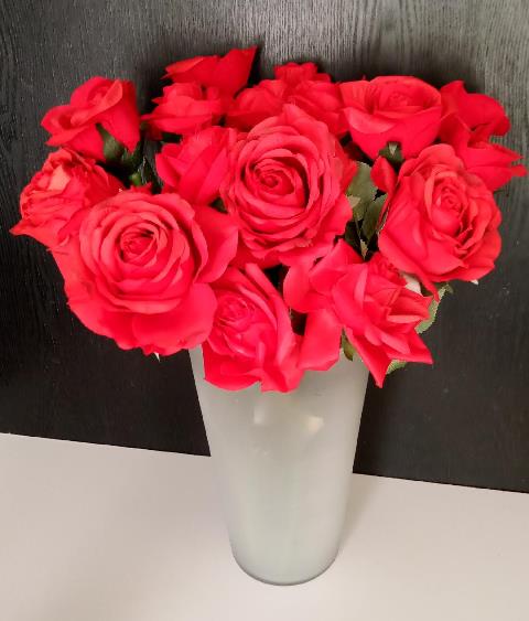 A vase filled with 24 long-stemmed red roses. A gift for any special celebration. In Boston, Massachusetts, for delivery 02109 and 617-990-814 to order.