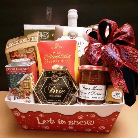 Gourmet food gift basket filled with bite-size chocolates, snack mix, gourmet cookies, and fruit preserves. Available at KJ Paula in Boston.