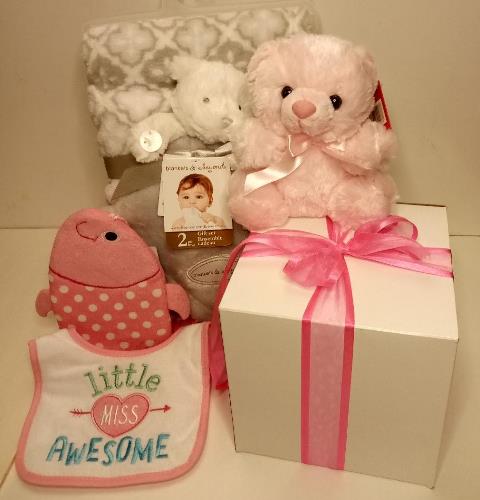 Baby girl's adorable gift set includes a buddy blanket, teddy bear, and the cutest baby bib available at KJ Paula Gift in Boston, MA.