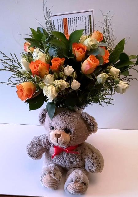 Mom's teddy bear and flower arrangement for Boston Delivery. This bear and flowers are perfect for a get-well wish or a Happy Mother's Day present.