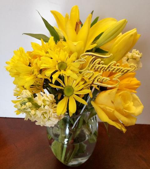 Trumpet Lily-yellow-roses and yellow and white daisy flower arrangement.