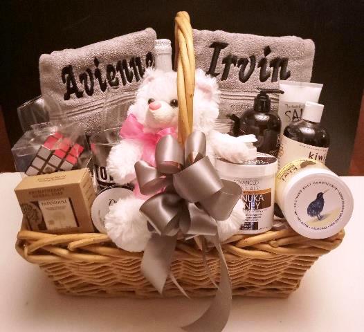 Gift basket containing bath and body essentials in Boston, including personalized towels for corporate gifting on any occasion.