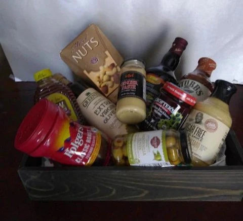 Men's Christmas gift basket packed with raw honey, extra virgin olive oil, hot and spicy grilling sauce, nuts, and coffee