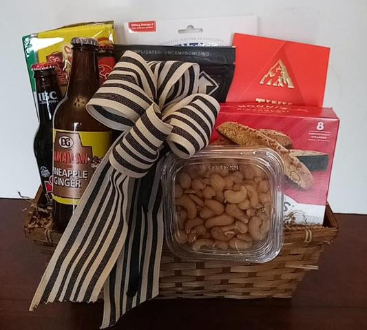A gift basket filled with premium roasted nuts gourmet cookies, cheese and crackers in Boston, MA. same-day delivery.