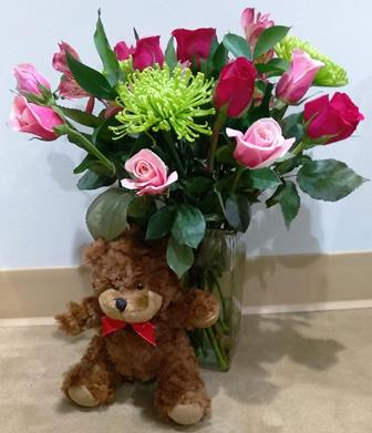 Flower arrangement and Teddy Bear for delivery in the Back Bay area of Boston 02199. Available at KJ Paula Gift Baskets