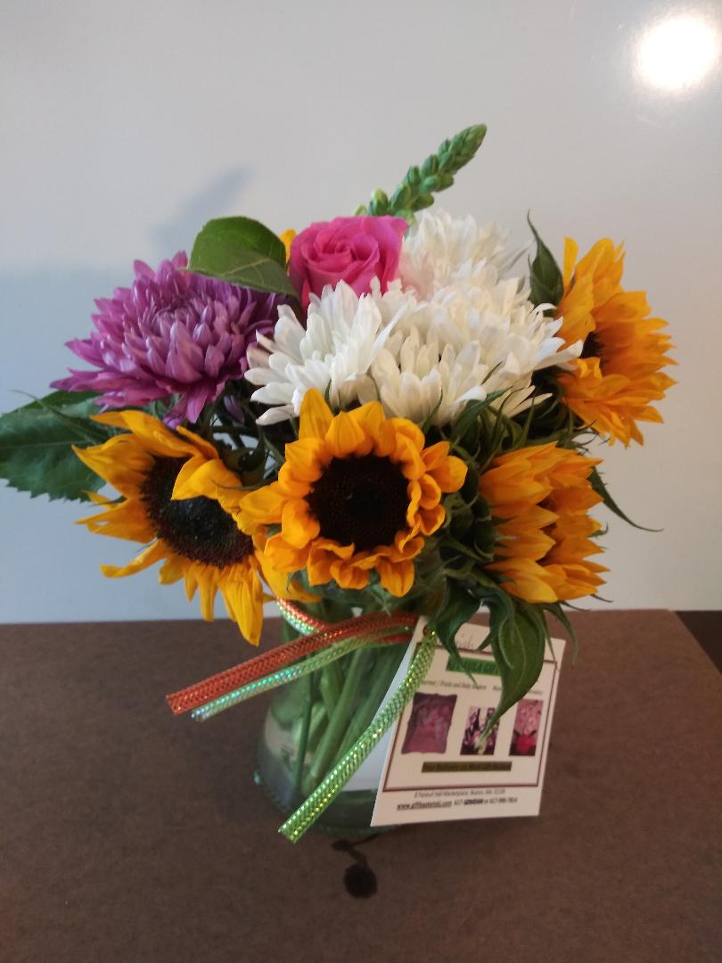 Sunflower bouquet arrangement for a get-well-soon-gift. Available in Boston at KJ Paula Gift Baskets for daily delivery.