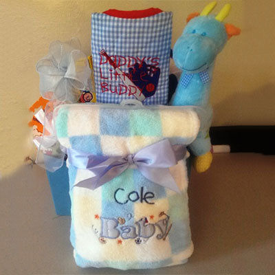 Baby personalized gifts for newborns. Baby blankets and stuffed animals are included in this basket. Available in Boston, MA.