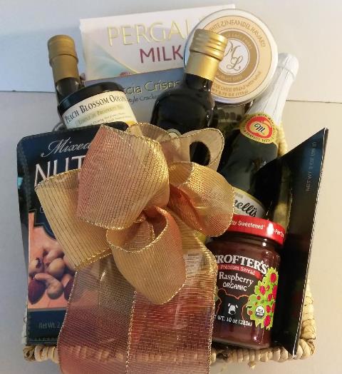 A thank you Food Gift Basket with olive oil. At KJ Paula, delivery available in the Financial District, Boston, MA