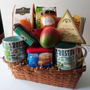 Gift Basket with 2 Boston theme coffee mugs, instant coffee fruits, fruit preserves, mini almond hazelnut cookies, and cheese,