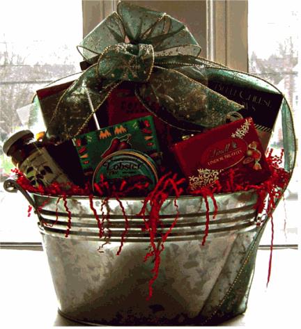 A metal silver container filled with Gourmet Food for the Christmas 2024 holiday season, with sweet and savory gift items.