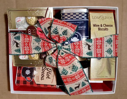 This gift basket packed with chocolate, green tea, wine and cheese biscuits,  fruit preserves and is festively wrap for delivery in Boston Massachusetts and near me.