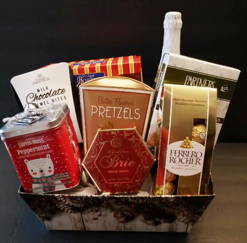 New Christmas gourmet food gift basket, packed with peppernint flavor hot cocoa mix, butter flover pretzels, garlic flavor crackers, cream cheese and bit size chocolate for delivery.