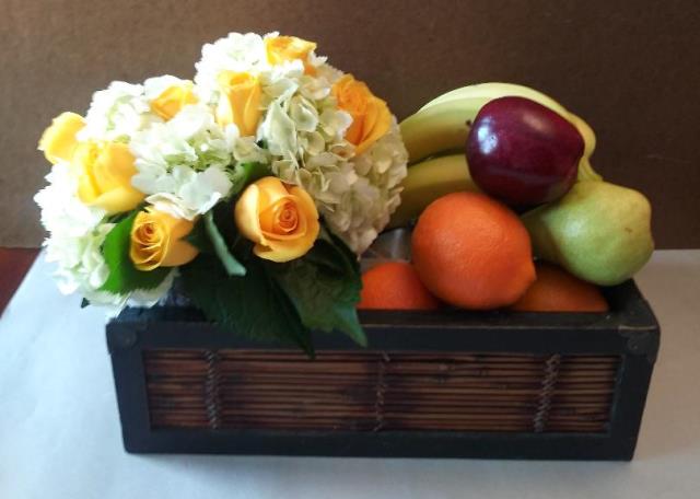 Flower and fruit tray gift basket for Boston, Massachusetts delivery. Available in Faneuil Hall Boston at KJ Paula Gift Baskets