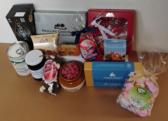Boston-themed gift assortment with boxed chocolates, saltwater taffy, cranberry preserves, clam chowder and cookies