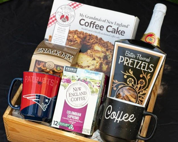 Coffee cake, New England Coffee, Coffee Mugs, and Snack gift baskets are available for delivery at KJ Paula in Boston.