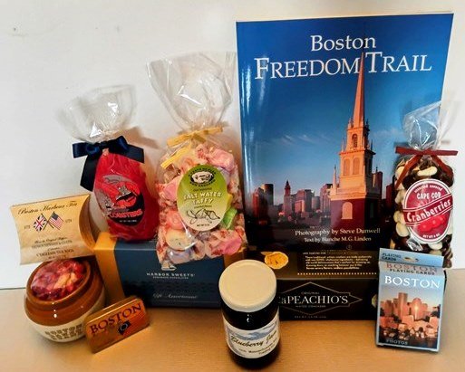 Boston-themed gift assortment with a Freedom Trail book, saltwater taffy, cranberry preserves and packaged treats