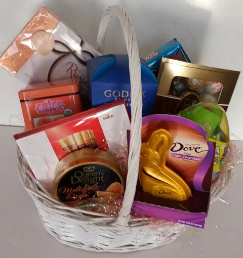 The perfect selection of chocolate in a basket for Easter 2024. KJ Paula local Boston delivery