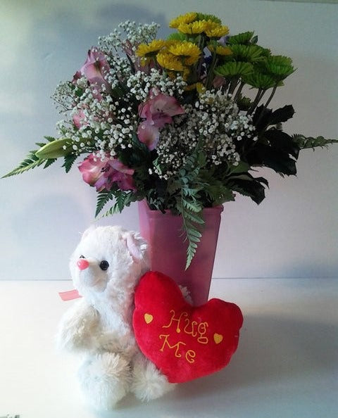 Fresh flowers and a teddy bear to congratulate mom and new baby in Boston, Beacon Hill, and Newton delivery 02199, 02109