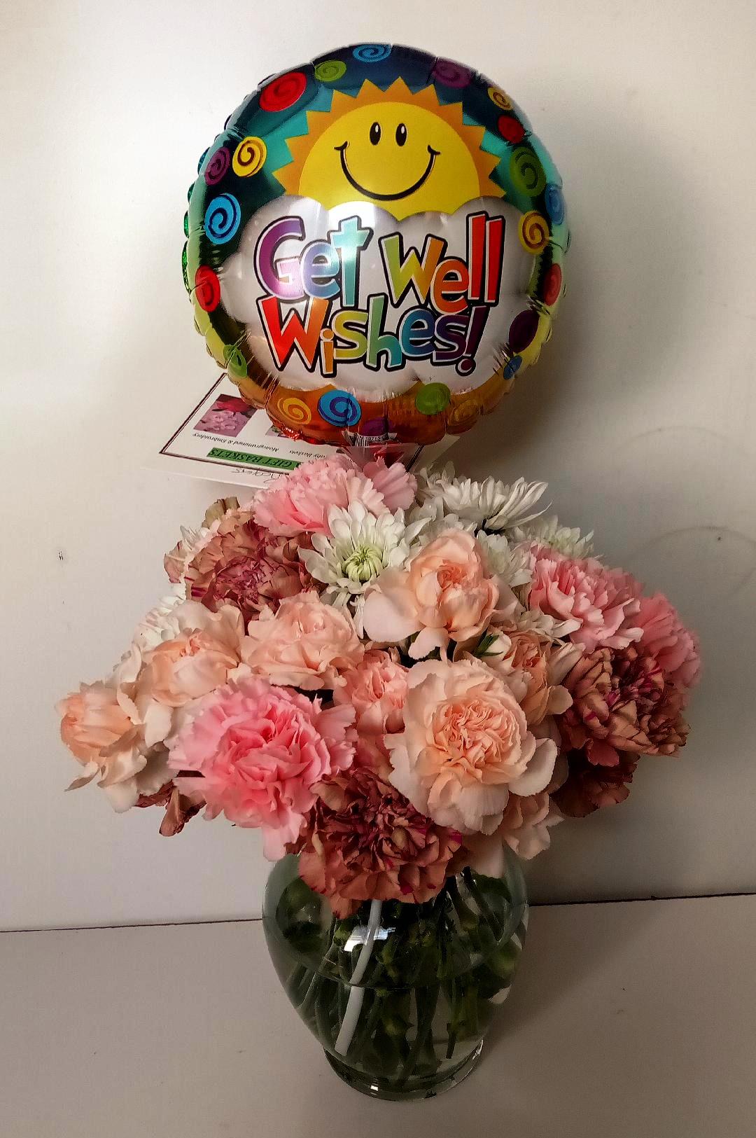 A Get-Well Balloon and Flower arrangement for delivery in Boston's Beacon Hill, South End, Boylston St., and Back Bay.