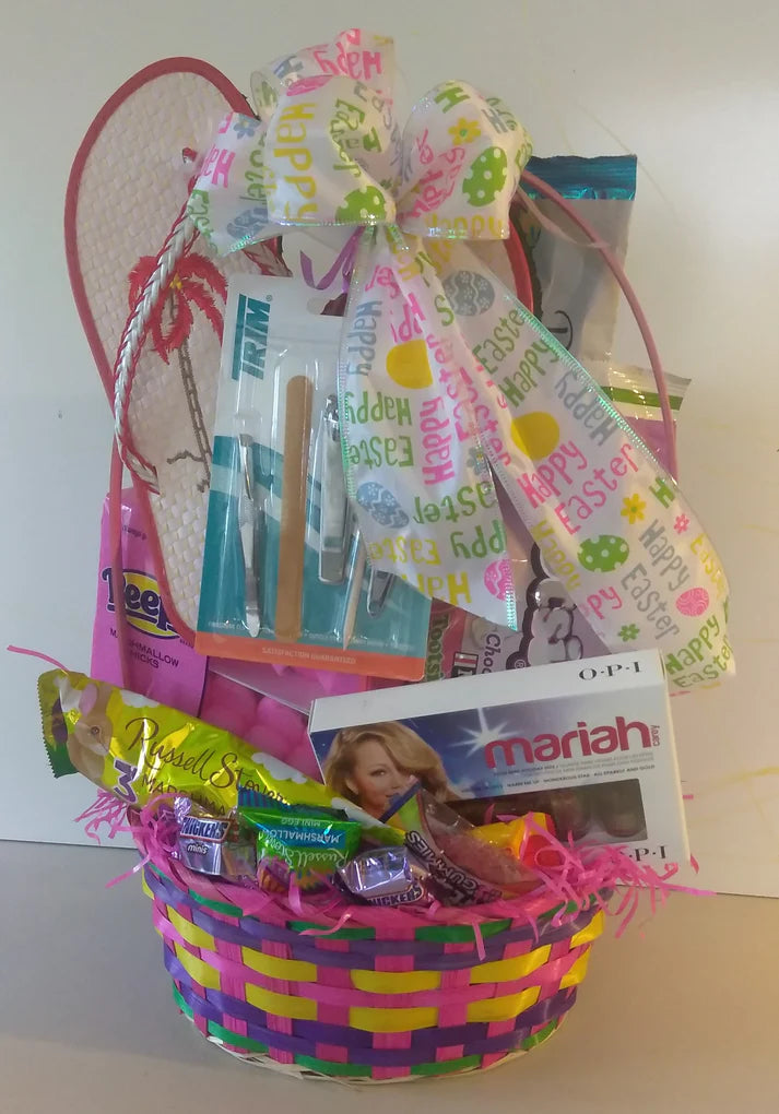 This Easter Gift Basket contains various pedicure items designed for girls, ensuring they have everything to enjoy a relaxing pampering session.