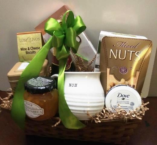 A gourmet food gift basket to celebrate mom or any given occasion. Tea, chocolate, and nuts in this basket