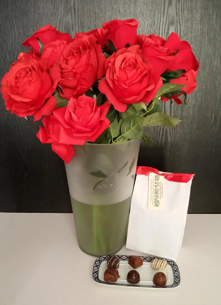 Long-stem roses bouquet available at KJ Paula Gift Baskets. Order now to receive complimentary chocolates with your delivery.