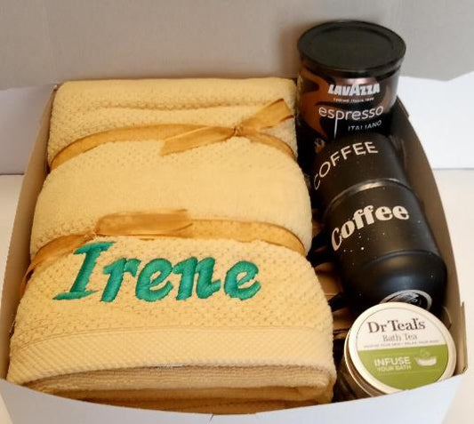 Personalized towels gifted packages with coffee mugs, and espresso coffee at KJ Paula Gift Baskets in Boston, MA., for delivery.