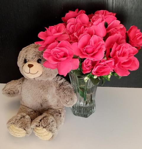 Pink Roses Arrangement and Teddy Bear Gift