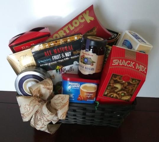 The best gourmet coffee gift basket in Boston for delivery. Pack with pretzels, cookies, dried salmon, snack mix, and coffee.