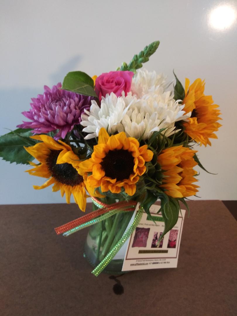 Sunflower bouquet arrangement for a get-well-soon-gift. Available in Boston at KJ Paula Gift Baskets for daily delivery. 