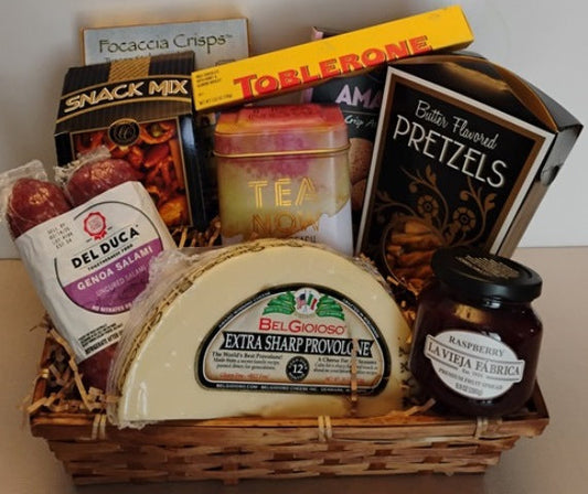 Sweet and Savory gourmet food gift basket. Boston, MA., delivery. Cheese, Pretzels, Chocolates, Tea and Snack Mix.