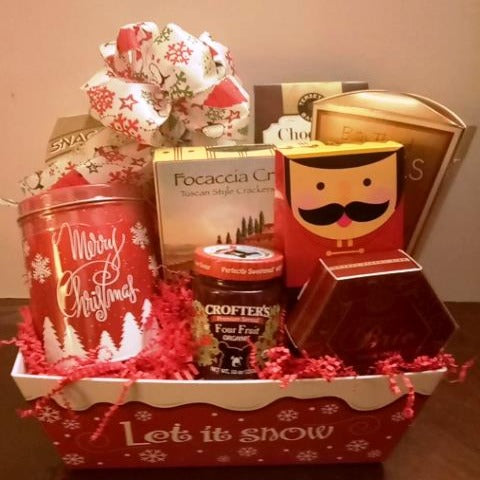 Merry Christmas gift basket of gourmet snacks and Christmas treats, for 2023 holiday gift
