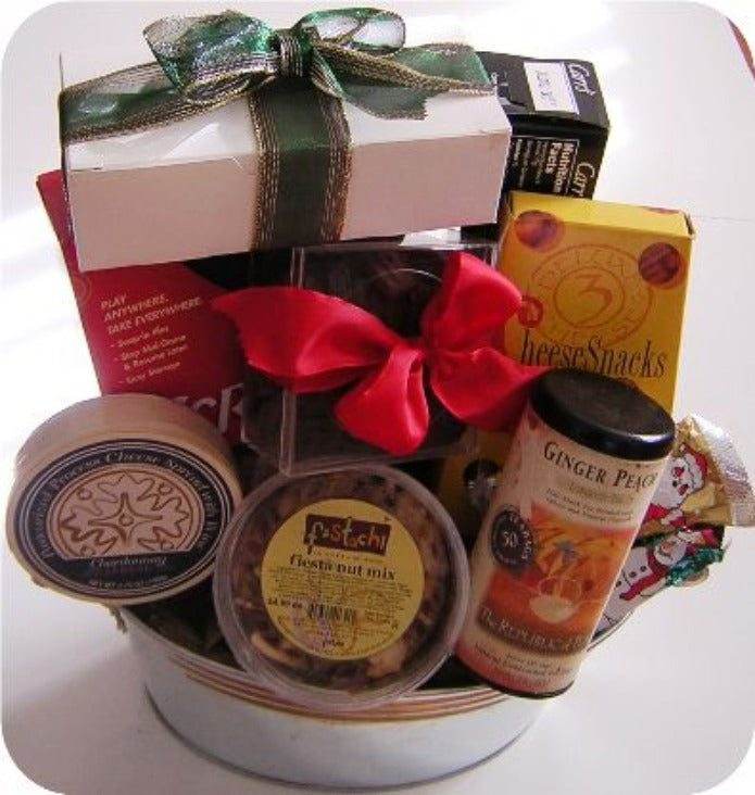 Corporate Gift Basket for Delivery. There are crackers, cheese, nuts, tea, and gourmet snacks