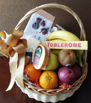 Fruit Basket for Get Well packed with chocolate assorted milk and dark chocolate, smoke cheese and cookies