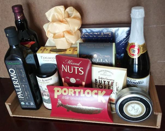 Appreciation Food Gift Basket for Him: A Thoughtful and exciting gourmet gift collection for delivery in Boston. The basket features olive oil, smoked salmon, mixed nuts, crackers, gourmet tea, and chocolate 