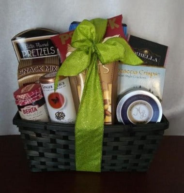 Show some appreciation with, Tuscan Style Crisp Crackers in a basket packed with gourmet snacks