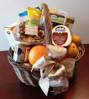 A thank you cookies, nuts and cheese basket. This gift basket is packed with dry mix nuts, smoked cheese, cracker, and a variety of assorted fruits 