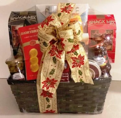 Employee Christmas Food Gift Basket, packed with snack mix, holidays short bread cookies, Rudolph hot cocoa mix and chocolates