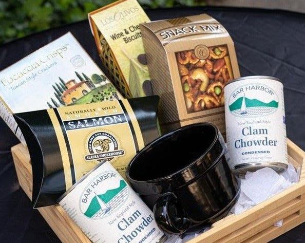 A teast of the ocean gift basket of goodies, Smoked Salmon, and Clam Chowder includes