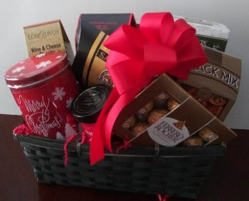 Christmas Gift Basket is packed with a 16oz tin of Merry Christmas hot ococa mix, Smaked Salmon, cookies, snack mix, chocolates, and cracker for fast delivery near me