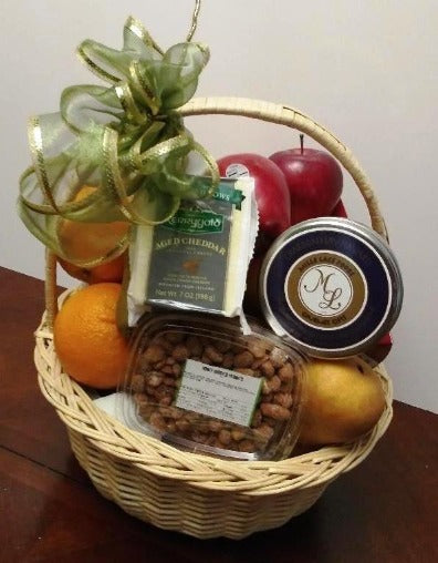 A cheese and nuts fruit gift basket