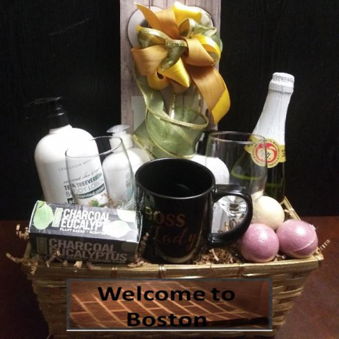 boston welcoming housewarming gift basket. body care, celebrate thoughtful gift idea are packed into this housewarming basket