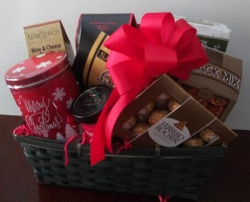 Appreciation Gift Basket with Christmas hot cocoa mix, smoked salmon, cookies, snack mix, and chocolates, for fast delivery near me