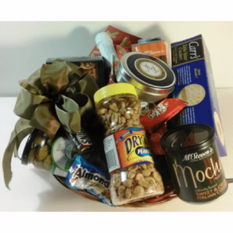 this gift basket is packed with dry nuts, mocha coffee, cream cheese, cracker, smoked salmon, and mix snack