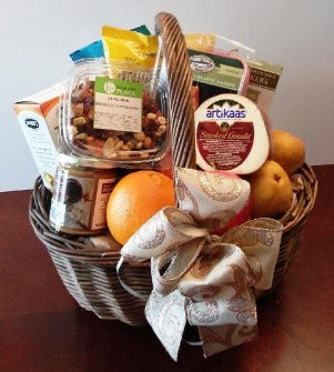 A thank you cookies, nuts, and cheese basket. This gift basket with nuts smoked cheese, crackers, and fruits for delivery