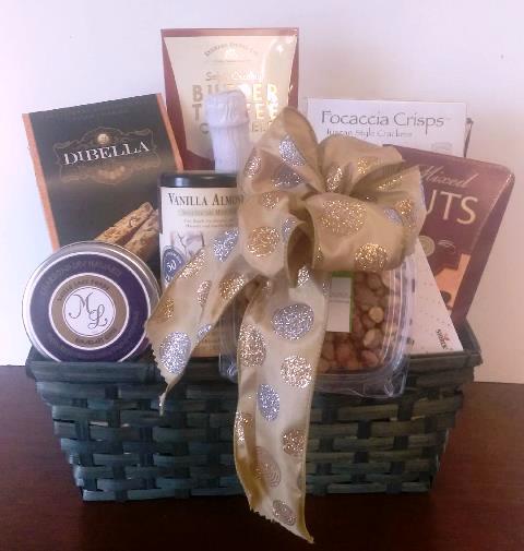 A basket filled with gourmet snacks is available for Back Bay Boston delivery, this basket with nuts, biscotti cookies, and chocolates.