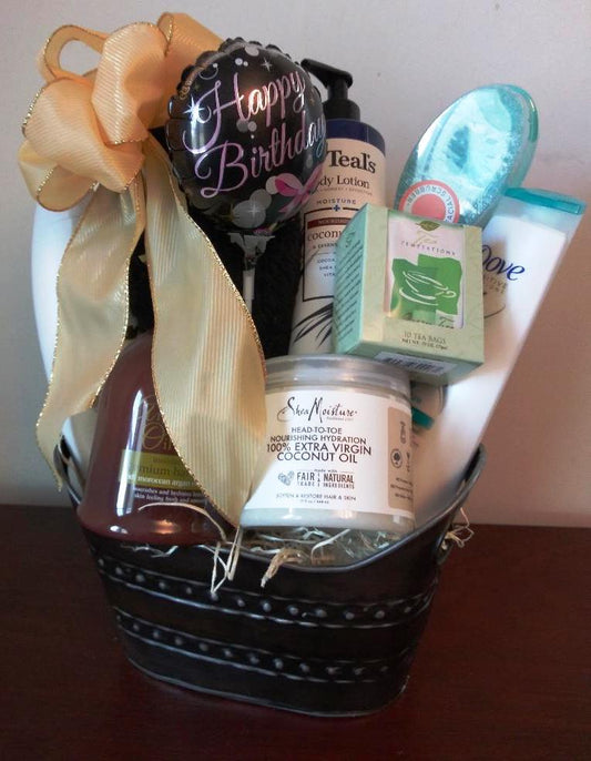 A Happy Birthday Spa bath and body Gift Basket For Her. Available in Boston for Boston delivery. 