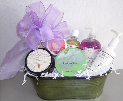 The spa gift basket at KJ Paula Gift Baskets in Boston, MA., has essential bath and body gift items for delivery.