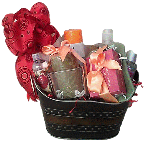 A metal container packed with spa gifts for Christmas gifting 2024 season. Gift baskets in Boston and near Bunker Hill Massachusetts