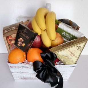 A fruit and snack gift basket for get-well, thank you, and for a new mom. Available at KJ Paula Gift Baskets in Boston, Massachusetts, for delivery.